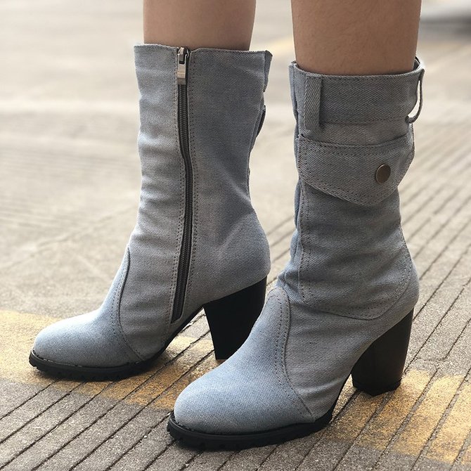 Mid-rise chunky with casual denim booties | noracora