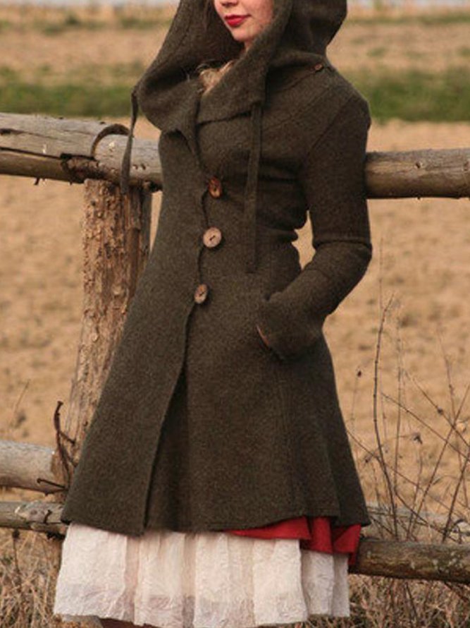 Plain Cotton-Blend Cowl Neck Vintage Coats