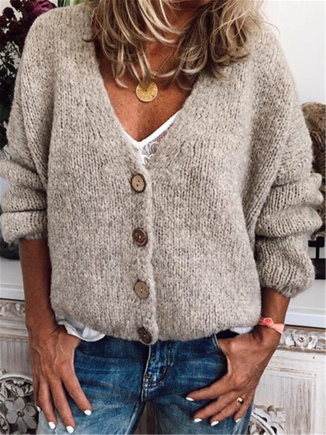 Casual Cotton-Blend V Neck Cardigan-Outerwear