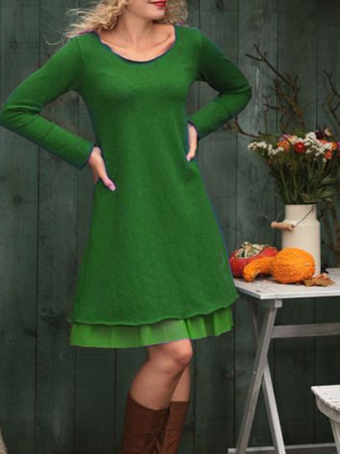 Solid Crew Neck Long Sleeve Knitting Dress