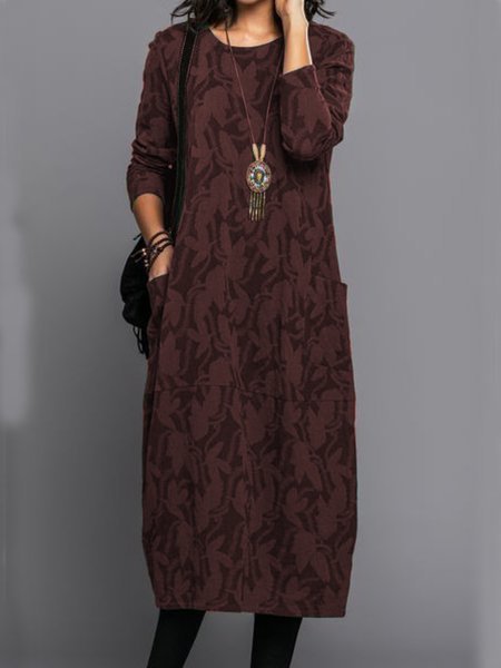 Vintage Printed Winter Jersey Long sleeve Loose Crew Neck Long Dresses for Women