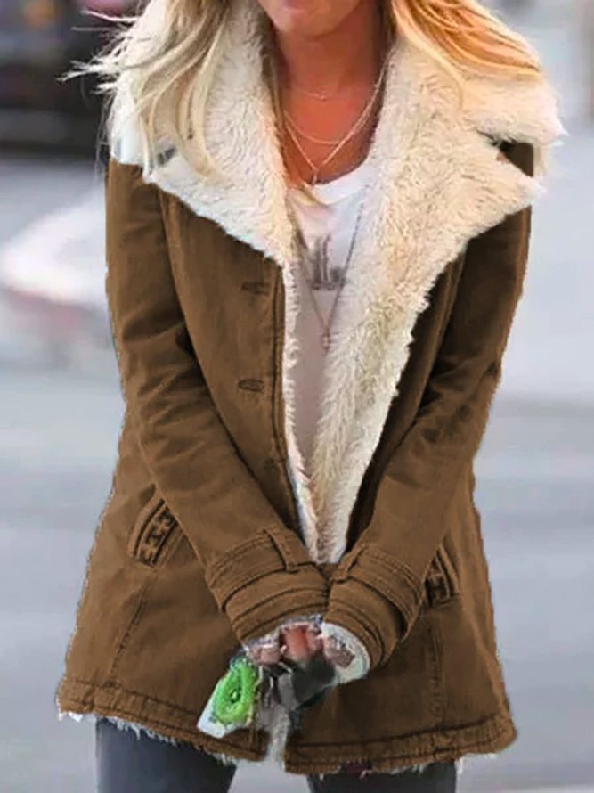 Women Casual Plain Turn-Down Collar Buttoned Long Sleeve Coat