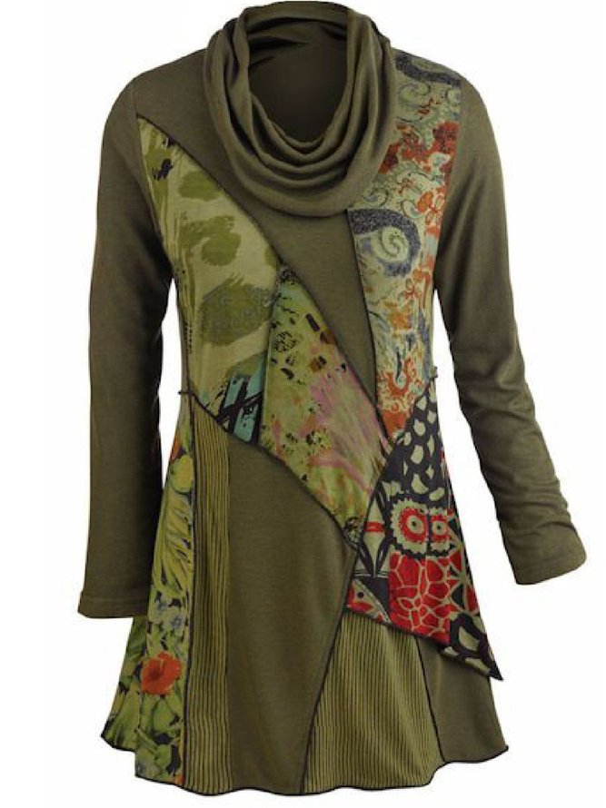 Army Green Printed Long Sleeve Cowl Neck Tunic T-Shirt | noracora