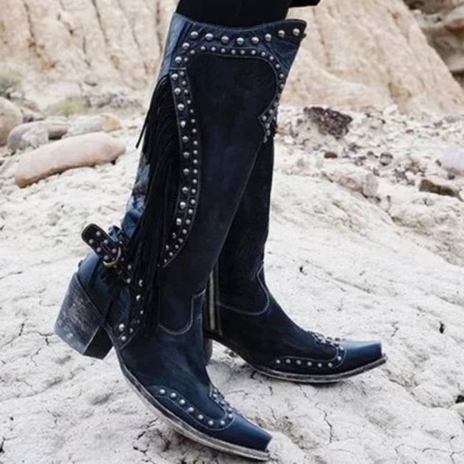 Women Vintage Tassel Western Boots with Zipper noracora