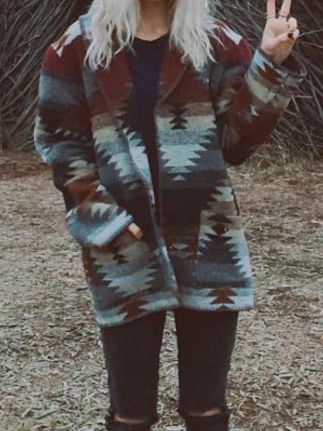 Casual Tribal Floralprint Shift Knit coat noracora