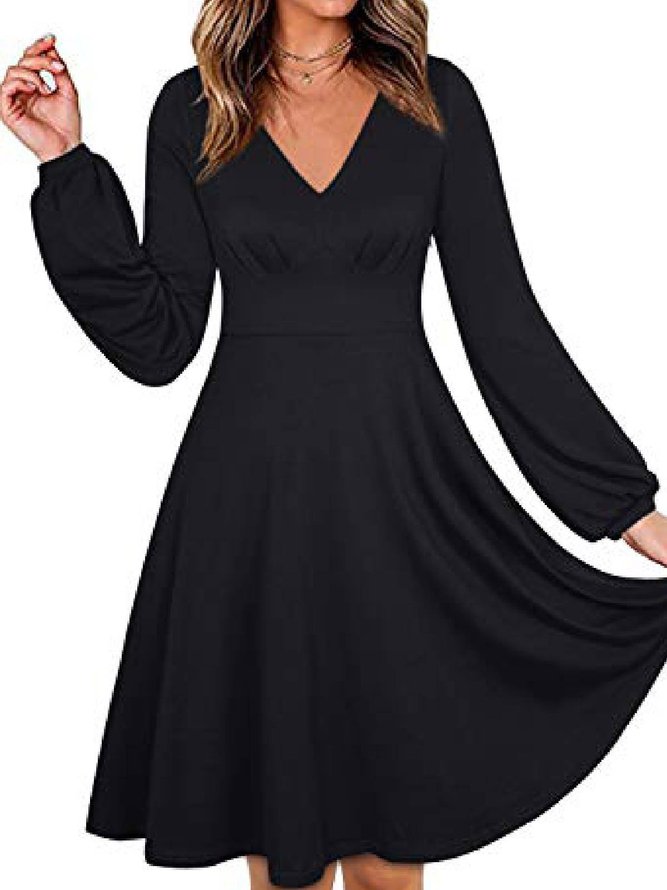 Solid Casual A-Line Long Sleeve Dresses | noracora