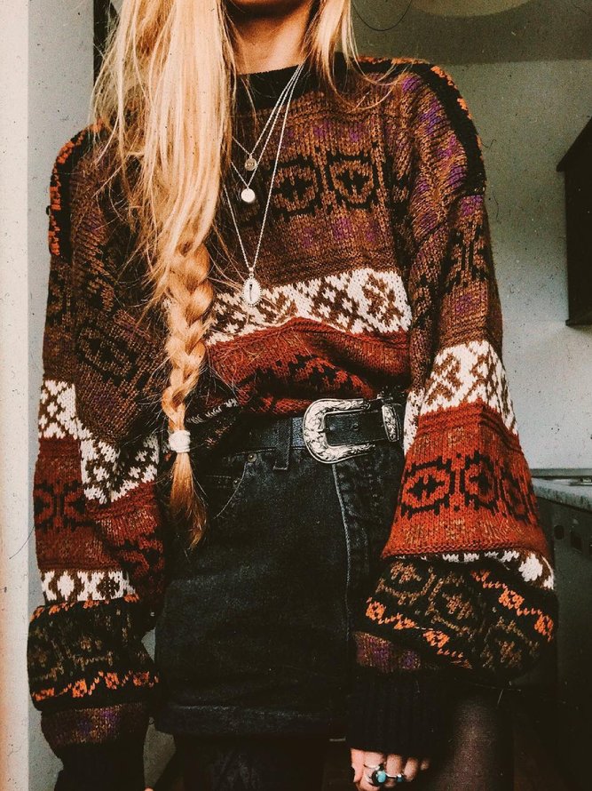 Loose Crew Neck Boho Wool/knitting Sweater | noracora