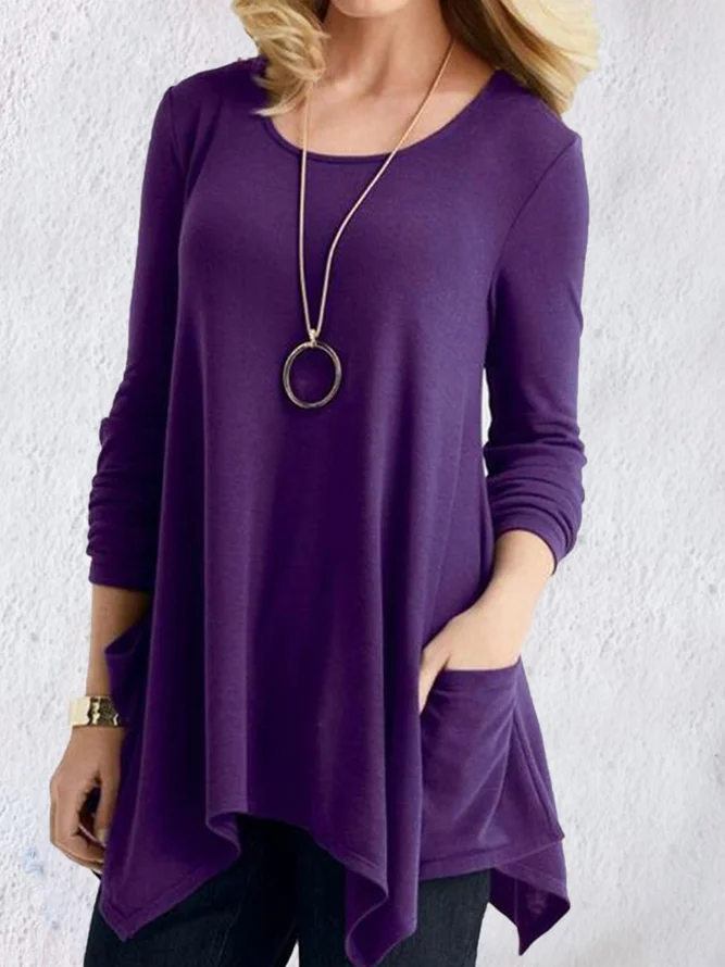 Cotton Vintage Plain Crew Neck Shirts & Tops noracora