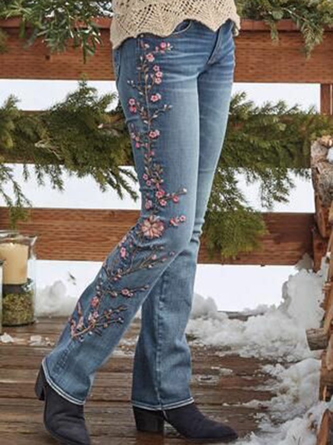 Vintage Slim Floral Long Denim Jeans Jeans