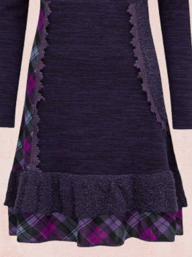 Purple Long Sleeve Crew Neck Ruffled Knitting Dress