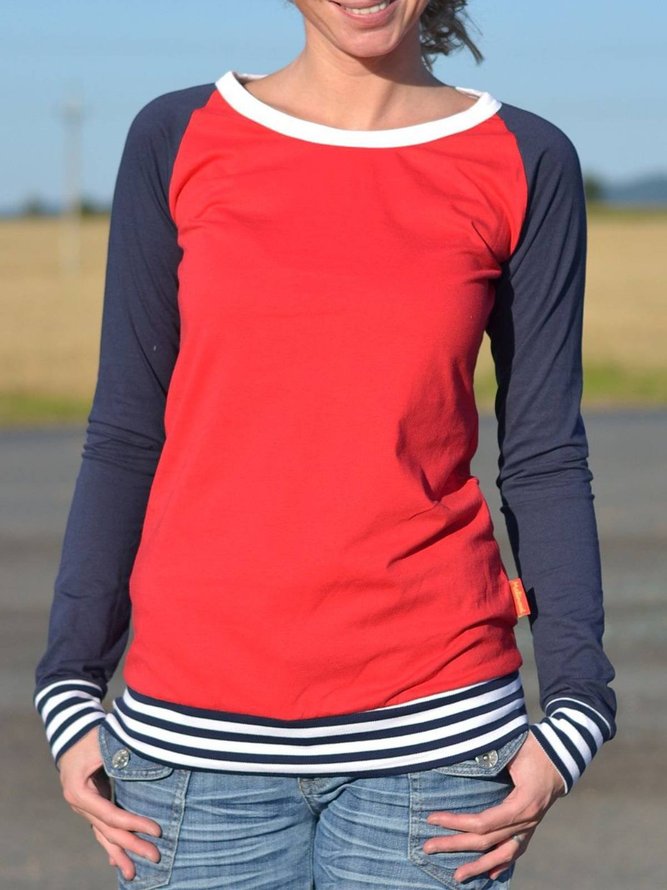 Red Casual Striped Printed Crew Neck Plus Size Shirts