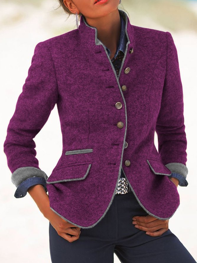 Solid Vintage Blazer Stand Collar Jacket noracora