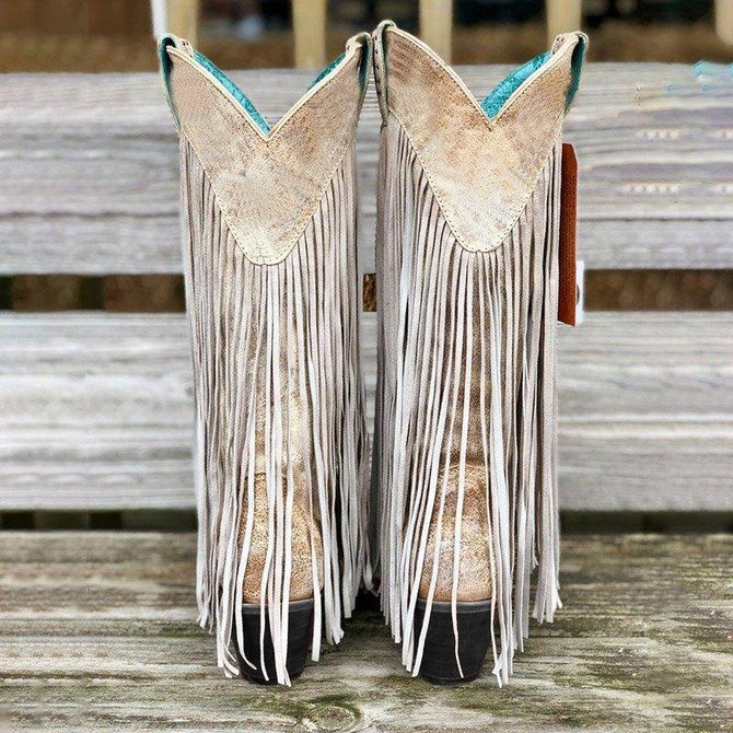 Tassel Artificial Leather Boots Fringe KneeHigh SlipOn Boots noracora