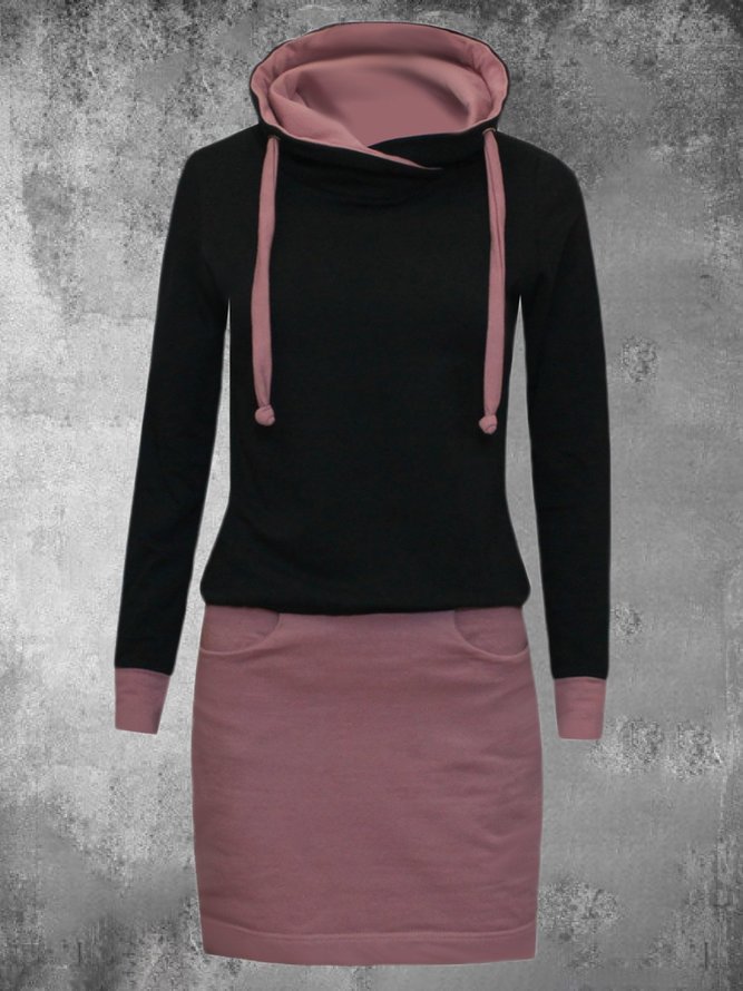Color-Block Casual Hoodie Cotton-Blend Knitting Dress
