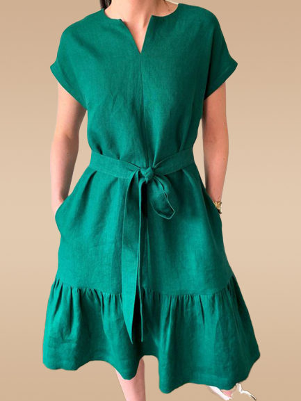 Green Crew Neck Shift Short Sleeve Cotton Dresses | noracora