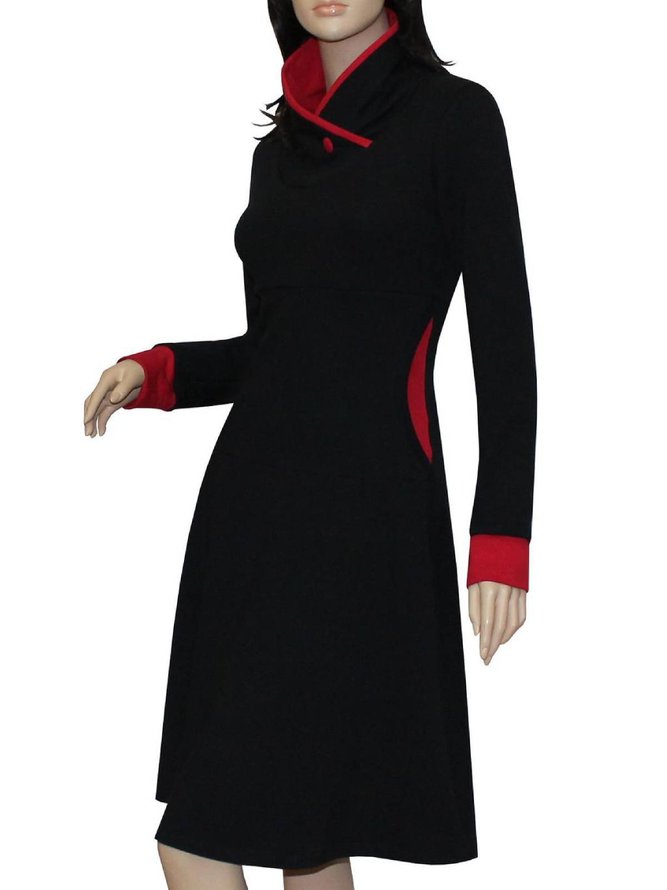 Black Stand Collar Solid Long Sleeve Casual Plus Size Knitting Dress