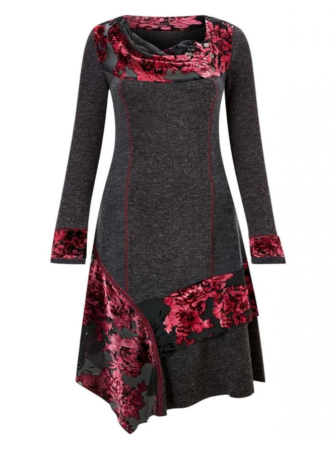 Cotton-Blend Casual Floral-Print Knitting Dress