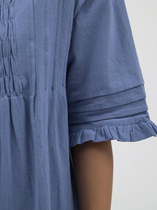 Half Sleeve Cotton-Blend V Neck Weaving Dress
