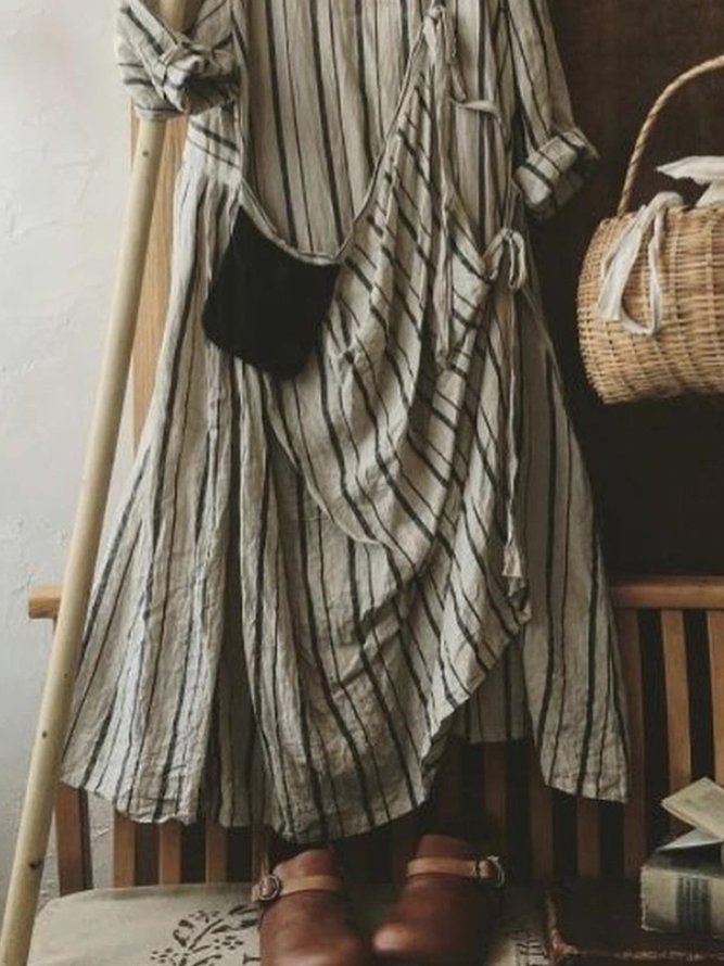 Vintage Striped Plus Size Long Sleeve Casual Weaving Dress
