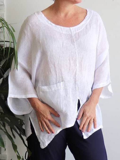 White Linen 3/4 Sleeve Shift Shirts & Tops | noracora