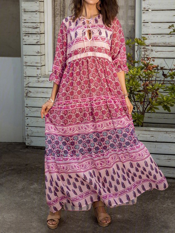 Boho Floral Maxi Dresses Shift Women Long Sleeve Beach Dresses noracora