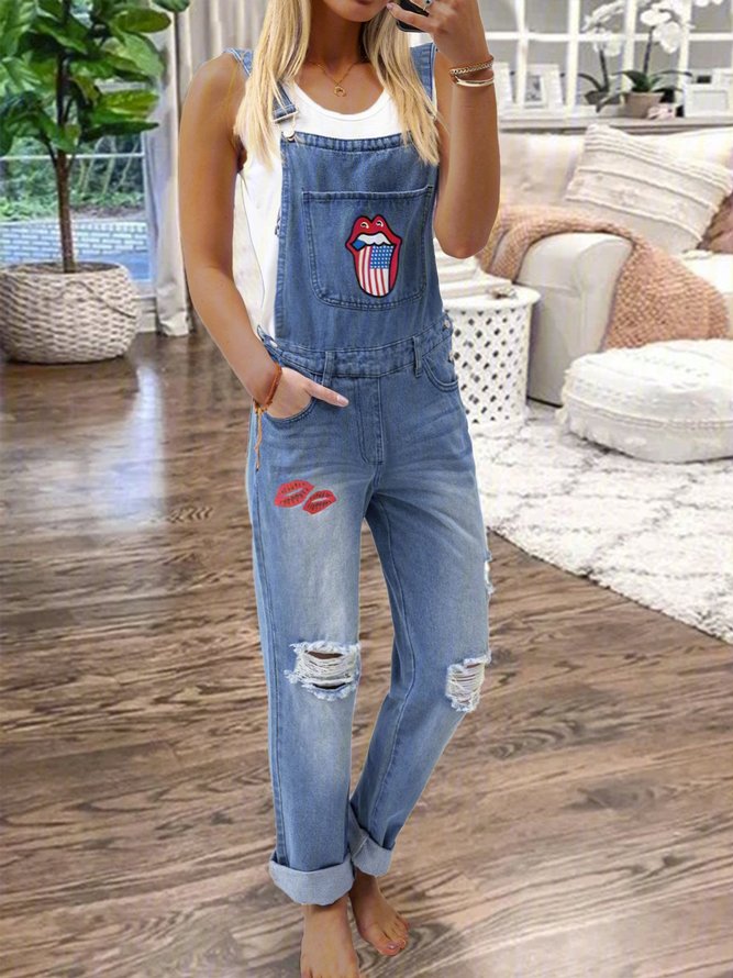 Women's Casual Holiday Ripped Denim Bib Pants noracora