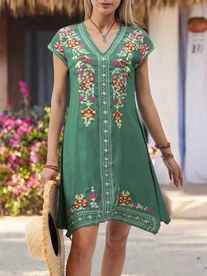 Women Summer Short Sleeve Embroidered Shift Dresses | Clothing | V Neck