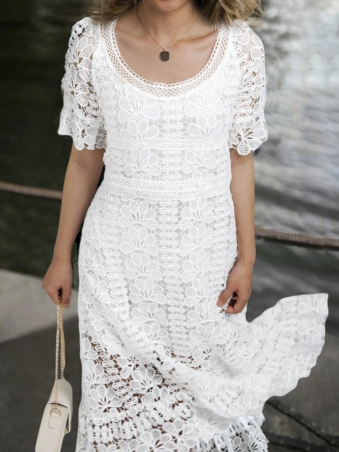 Lace Short Sleeves Summer Midi Dresses | Vacation Dresses | Lace Short