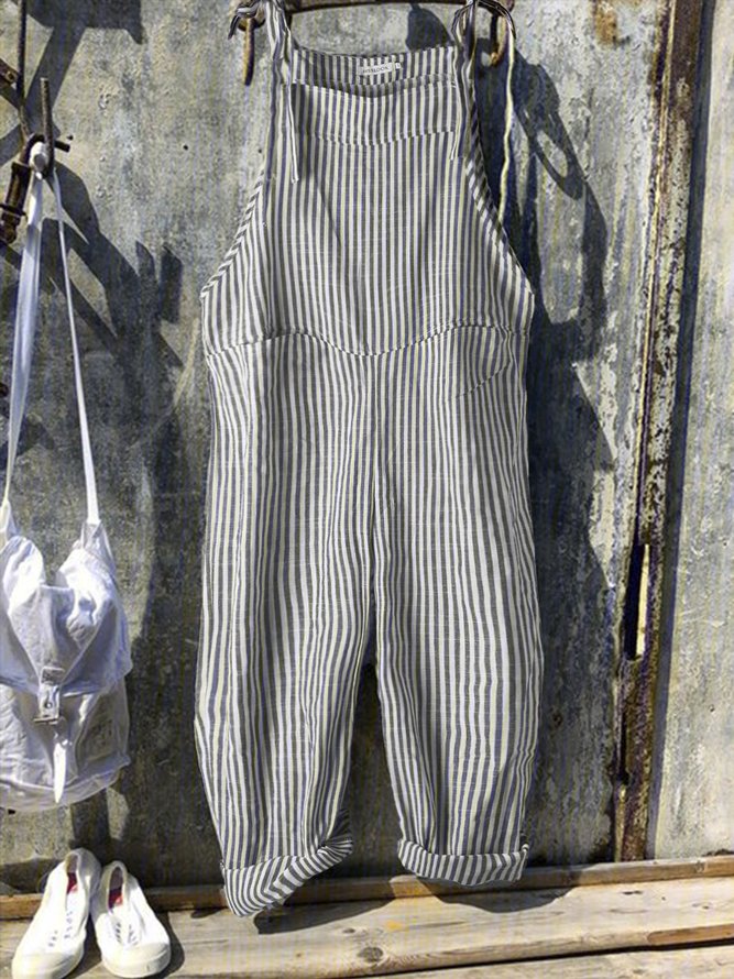 Vintage Black Gray Linen Stripes Pants Linen & Cotton Romper Jumpsuits