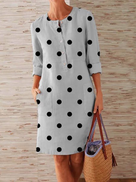 Buttoned Polka Dots Casual Weaving Dress
