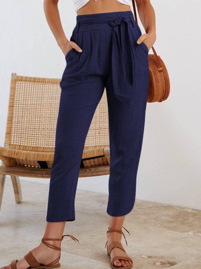 Cotton-Blend Ruched Pockets Pants With Belt | noracora