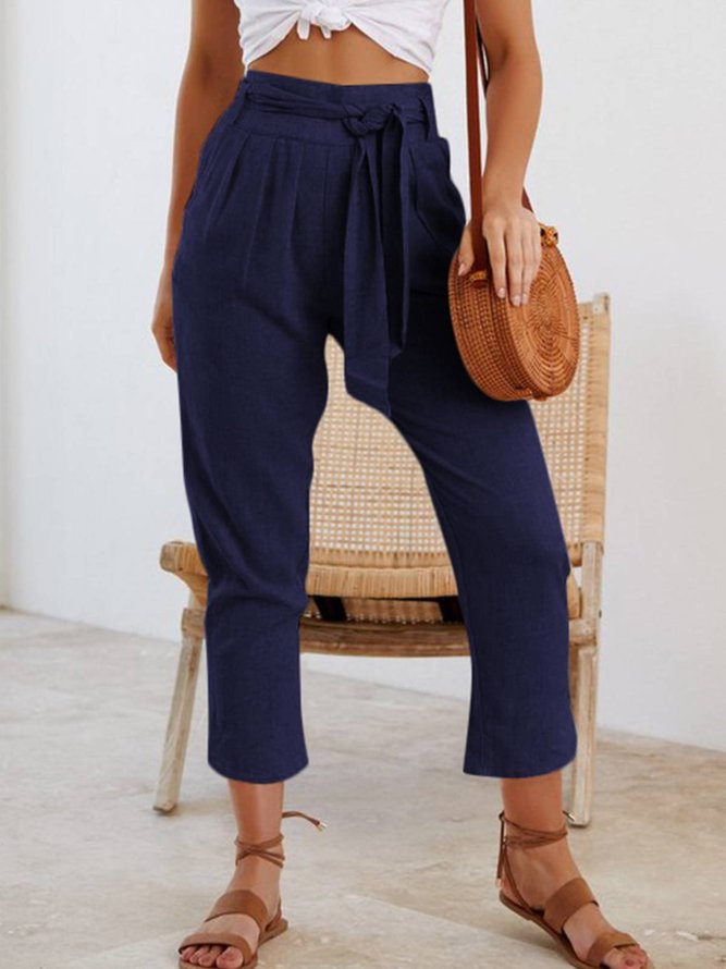 Cotton-Blend Ruched Pockets Pants With Belt | noracora
