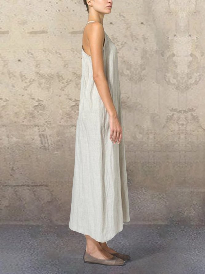 Solid Basic Linen/Cotton A-Line Sleeveless Maxi Dress