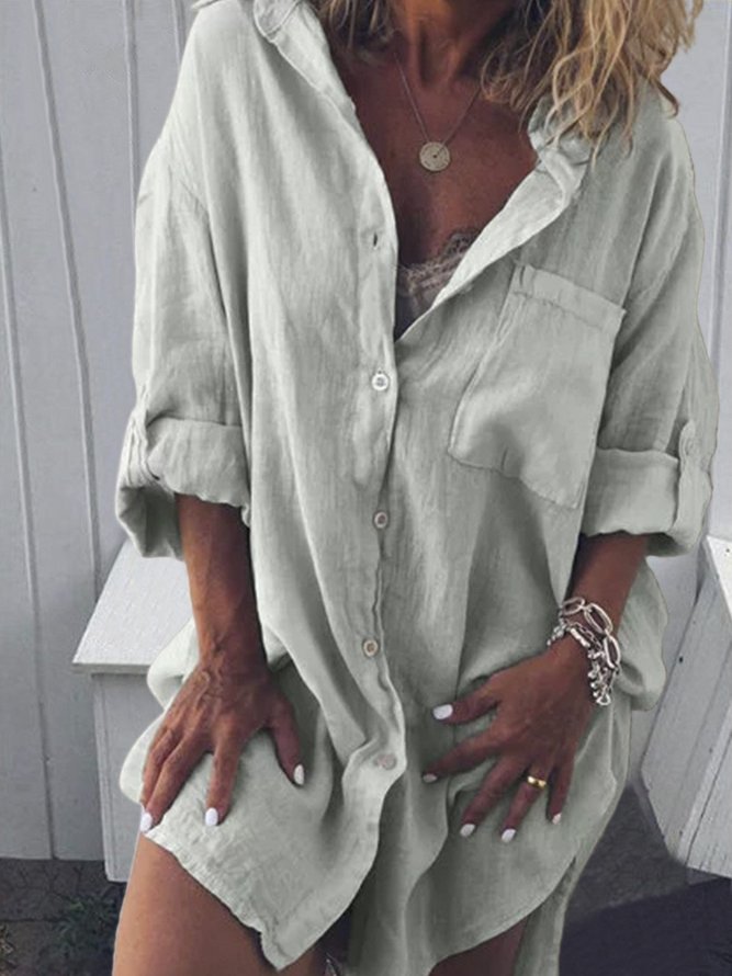 Woman Plus Size Cotton&Linen V Neck Buttoned Long Sleeve Blouses&shirts