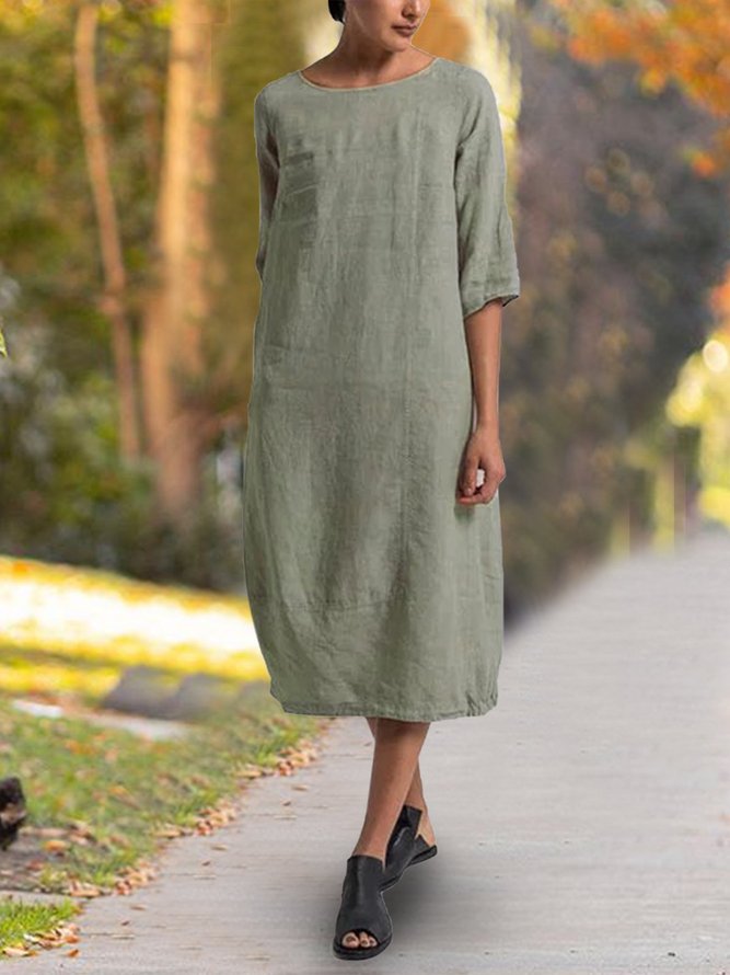 Casual Cotton Solid Crew Neck Linen Maxi Dresses noracora