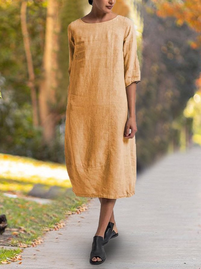 Casual Cotton Solid Crew Neck Linen Maxi Dresses noracora