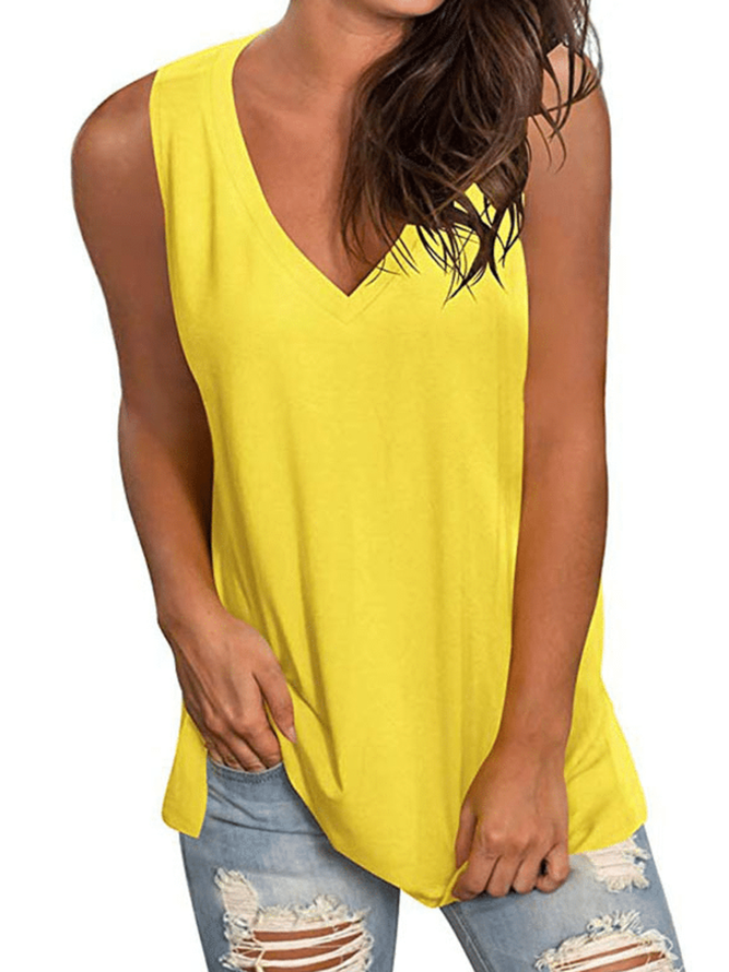 Solid Casual Sleeveless Cotton-Blend T-shirt