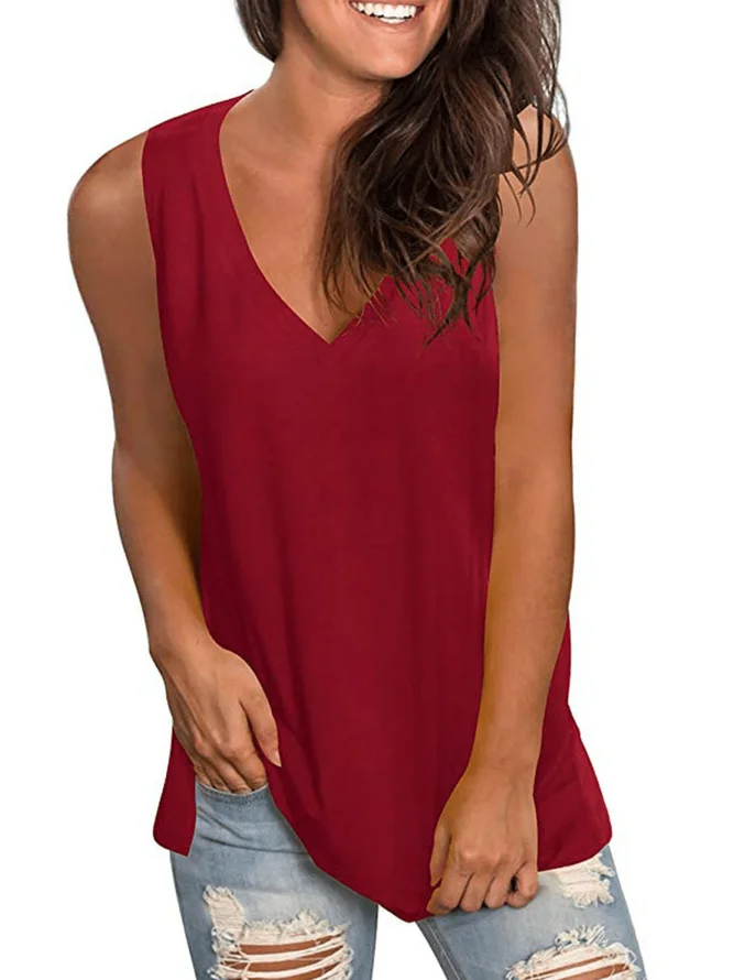 Solid Casual Sleeveless Cotton-Blend Shirts & Tops | Clothing | V Neck Solid Sleeveless T-Shirts 