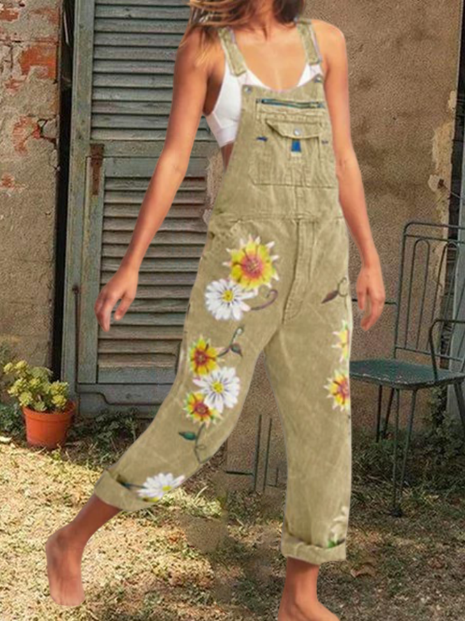 Women Sleeveless Denim Floral Floral-Print One-Pieces Jumpsuit Overalls Jeans Pants Overalls