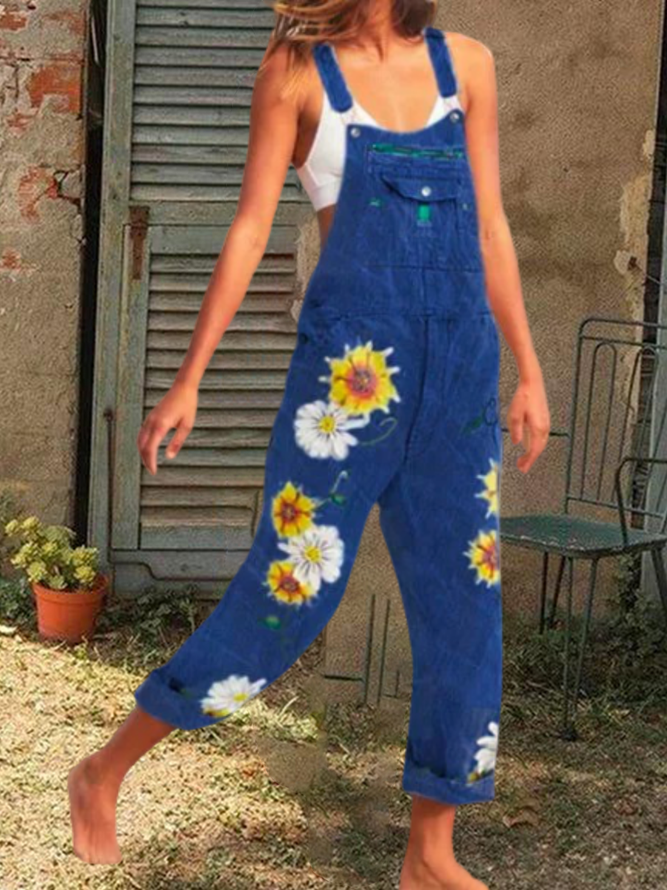 Women Sleeveless Denim Floral Floral-Print One-Pieces Jumpsuit Overalls Jeans Pants Overalls