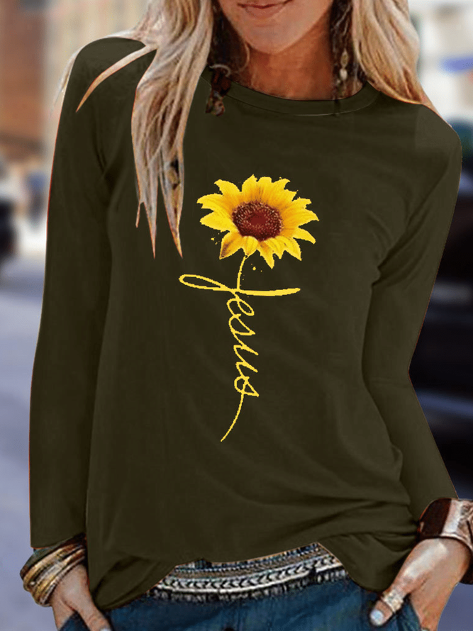 Long Sleeve Floral-Print Casual T-shirt