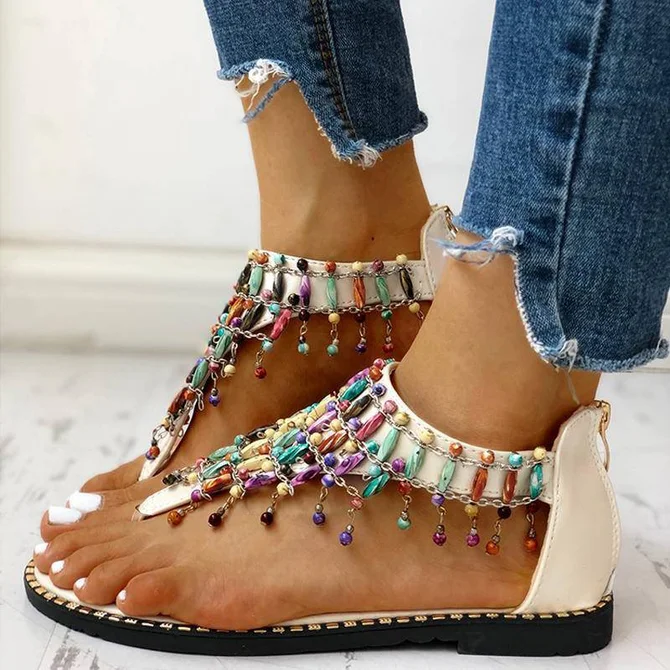 Boho Beaded Toe Ring Flat Sandals Noracora 