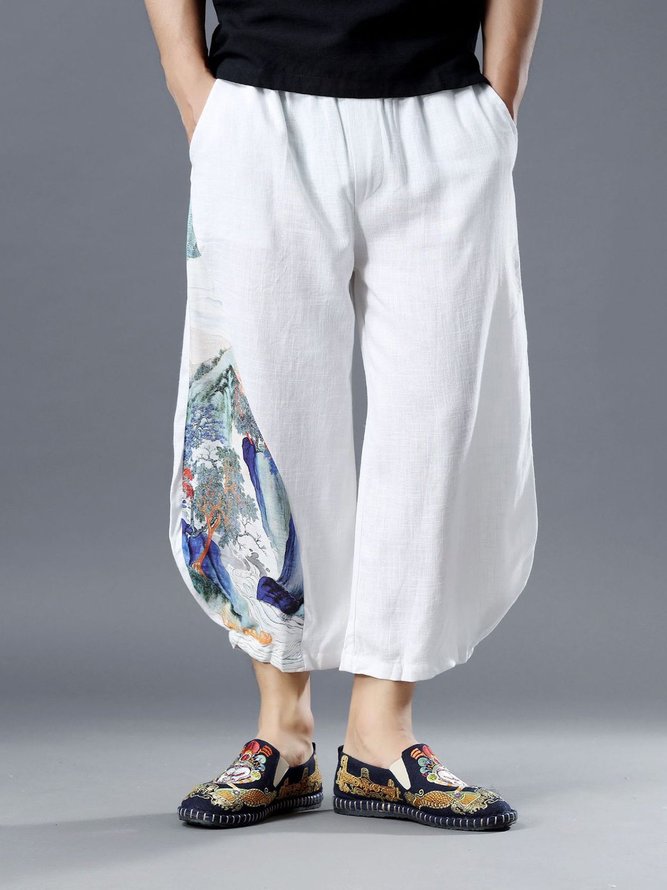 White Floral Paneled Beach Cotton Pants noracora