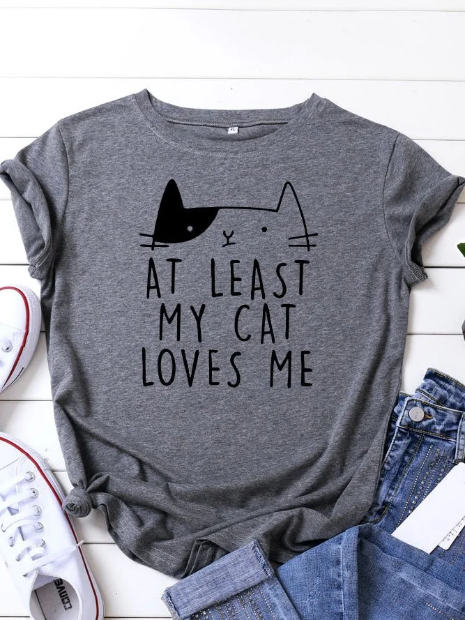 Cotton CatPrint Short Sleeve Crew Neck Shirts & Tops noracora