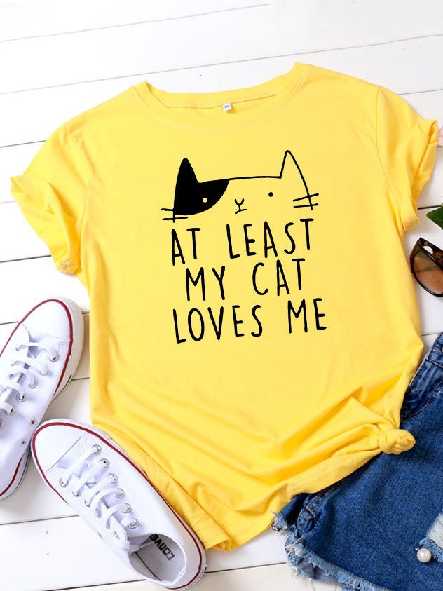 Cotton CatPrint Short Sleeve Crew Neck Shirts & Tops noracora