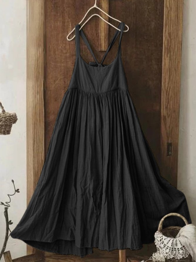Vintage Plain U-Neck Sleeveless Plus Size Casual Weaving Dress