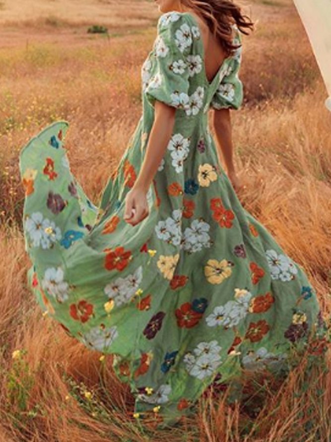 Lightgreen V Neck Printed Boho Patchwork Weaving Dress