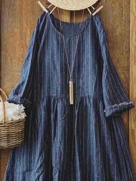 Vintage Striped Printed Plus Size Long Sleeve Casual Weaving Dress