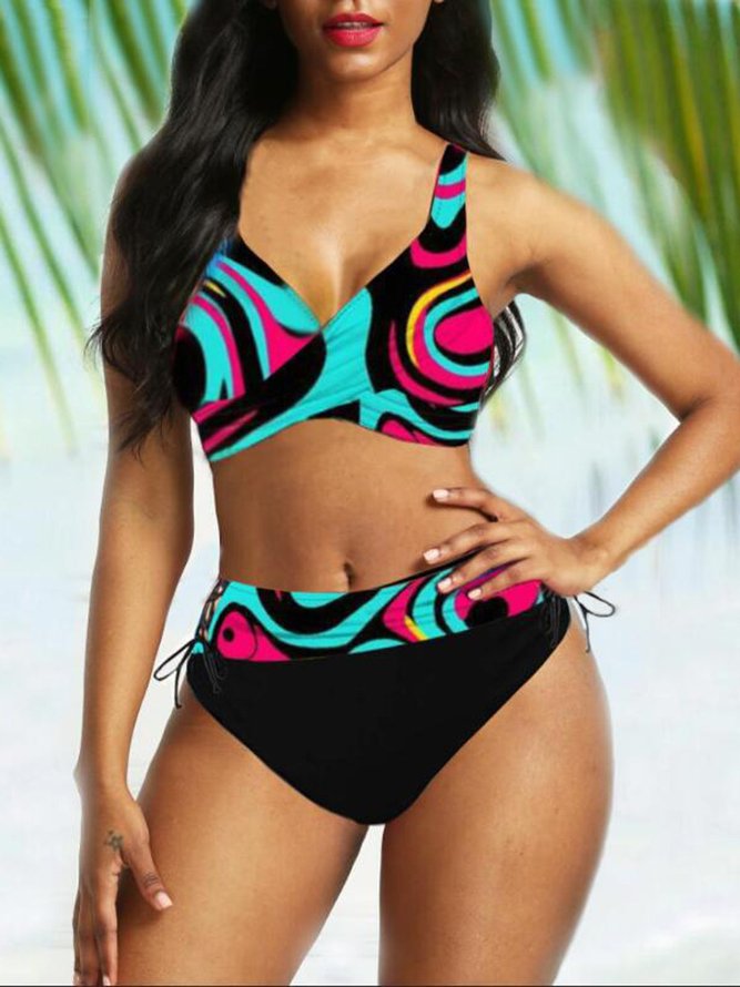 Printed Wide Strap Lace Up Bikini Set Swimwear Swimsuit Bathing Suit