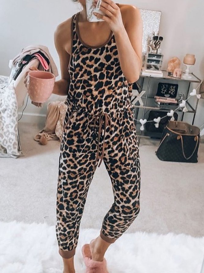 Leopard-Print Casual Sleeveless Stretchy Jumpsuits